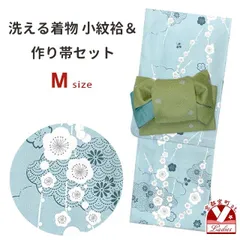 洗える着物 小紋 袷 コーディネートセット レディース着物と半幅帯作り帯セット 袷 Mサイズ「水色系、梅と雲」OA-BK-189-M-set01