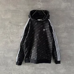 adidas アディダス パーカー 総柄 刺繍ロゴ ワンポイントロゴ トレフォイル ブラック 黒 L