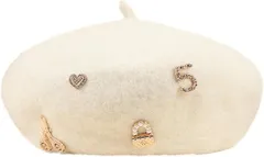 FARFADET ベレー帽 レディース おしゃれ 帽子 無地 ウール混 フェルト ラインストーン バッジ 画家帽 小顔効果 サイズ調整可 (ホワイト,  Free Size)