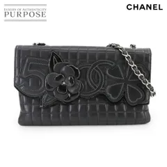 美品 シャネル CHANEL チョコバー カメリア チェーン ショルダー バッグ ラムスキン エナメル ブラック 90300643