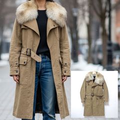 エレガント◎華やか◎【green】グリーン HYKE モーターサイクルコート ロング トレンチ フォックス ファー アウター ベルト ジャケット 毛皮 ライナー 取外し  ベージュ レディース サイズ 1(S)相当 /M37968ja