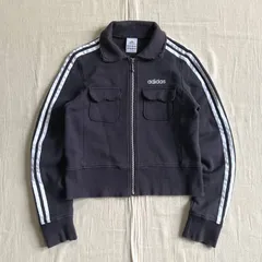 00s　archive　アーカイブ　old adidas　オールドアディダス　スウェット生地　フルジップアップ　短丈ブルゾン　襟付きトラックジャケット　胸ロゴ刺繍　袖3ライン　3 stripes　切りっぱなし　カットオフ加工　L　Y2K　平成ギャル　グランジ