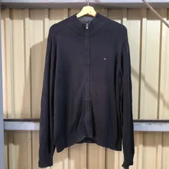 812 TOMMY HILFIGER ジップ セーター ブラック M トミーヒルフィガー ニット フルジップ コットン ワンポイント 刺繍ロゴ 古着卸 アメリカ仕入