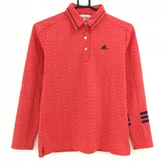 【美品】アディダス 長袖ポロシャツ レッド系 総柄 ロゴネイビー 袖3ライン  レディース M/M ゴルフウェア adidas