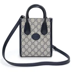 グッチ インターロッキングG ミニ トート 2way ショルダー ハンドバッグ 斜め掛け GGスプリームキャンバス レザー ネイビー ベージュ 紺 シルバー金具 671623 GUCCI（未使用　展示品）