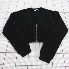 ◇ ⊇ ザラ ZARA クロップドリブニットカーディガン ブラック系 S レディース E  【1509300015862】