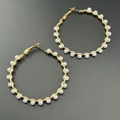 【新品】【ネコポス】アクセサリー ピアス リングピアス フープ ホワイト×ゴールド フェイク パール 揺れる まる 大きめ◆