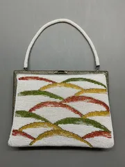 Bag27 和装バック パーティーバッグ ハンドバッグ ビーズ細工 白 ホワイト がま口 昭和レトロ