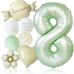 【新品】 deerzon くすみグリーン 8歳 くすみカラー 数字 バルーン 誕生日 飾り付け 10点 セット 大きい 65cm くすみ ニュアンスカラー ナンバーバルーン バースデー 0
