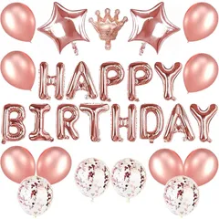 【新品】 誕生日 飾り付け 風船 バースデー バルーン Happy Birthday 文字 ハッピー バースデー 飾り ハート 王冠 紙吹雪風船 ナイトブルー 女の子 男の子 お祝いお誕生日 装飾 (ローズゴールド) 1