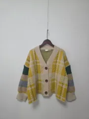 黄色 チェック パータン カーディガン
