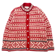 L.L.Bean 90年代 USA製 チロル ニット カーディガン S レッド ホワイト  ウール 総柄 チロリアン ノルディック柄 コンチョボタン HT72