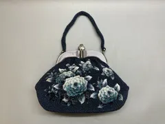 Bag28 和装バック パーティーバッグ ハンドバッグ ビーズ細工 花 フラワー 青 紺 ブルー ネイビー がま口 昭和レトロ
