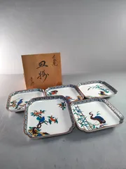 S16-2/九谷焼/青郊窯/色絵花鳥文角皿揃5客/共箱/飾皿/懐石道具