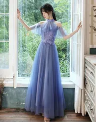 ★M ブルー ブライズメイド ドレス 大人 ピアノ 発表会 ロングドレス オフショルダー 演奏会 結婚式 母親 ピアノ発表会 袖付き ワンピース 半袖 演奏会ドレス パーティードレス イブニングドレス ロング丈 フォーマル db040n1