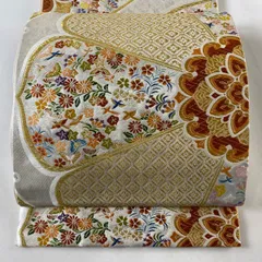 【在庫一掃】 袋帯 美品 秀品 花鳥 蝶 唐織 箔 灰色 六通 正絹 【中古】