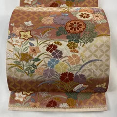 【在庫一掃】 袋帯 美品 秀品 関西仕立て 草花 七宝 唐織 箔 ベージュ 六通 正絹 【中古】