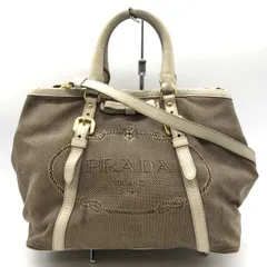 PRADA プラダ トートバッグ ハンドバッグ ショルダーバッグ 2way ジャガード ロゴ キャンバス ベージュ レザー レディース メンズ USED ヴィンテージ ファッション