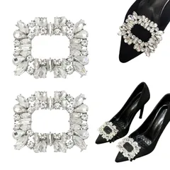 [Coollooda] シューズクリップ【2個入り】 靴のブローチ 靴飾り長方形 パンプス 装飾品 人工水晶 汎用性 耐久性 簡単取り外し可能 左右対称 ワンタッチ着脱 結婚式 パーティー入学式