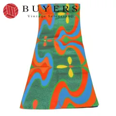 【中古】 名古屋帯 しつけ糸あり 正絹(金銀糸除く) グリーン オレンジ 幾何学模様 モダン 和装 呉服 和服 きもの レディース 女性