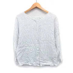 グローバルワーク GLOBAL WORK ノーカラー ブラウス シャツ ストライプ 柄 ボリューム袖 フリル袖 長袖 Vネック 麻混 L ホワイト 白 /HT5