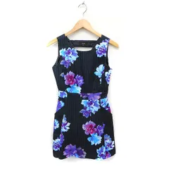 リエンダ rienda フレア ワンピース ミニ ノースリーブ ストライプ柄 フラワープリント S ブラック 黒 /FT21