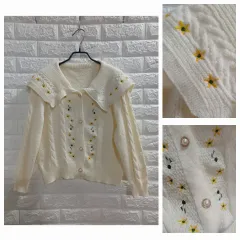 アイボリー 花刺繍 ニットカーディガン
