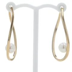 K10YG イエローゴールド ピアス パール 真珠 6.0mm 一粒 ウェーブ オーバルフープ 大ぶり 32.1mm幅【新品仕上済】【zz】【中古】