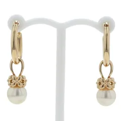 TASAKI タサキ K18YG イエローゴールド ピアス パール 真珠 6.6mm 一粒 フラワー ボタニカル チャーム フープ【新品仕上済】【zz】【中古】