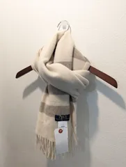 美品　POLO RALPH LAUREN　ポロラルフローレン　マフラー　オフホワイト×ブラウン　ウール100%　イタリア製　ポニー刺繍