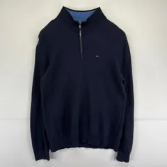 古着 トミーヒルフィガー TOMMY HILFIGER ニット ハーフジップ タートルネック セーター ワンポイントロゴ L  ネイビー メンズ