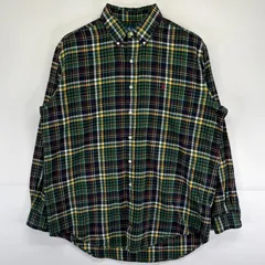 古着 90's/90年代 ラルフローレン RALPH LAUREN 長袖シャツ チェック柄 ネルシャツ ワンポイントロゴデザイン L  グリーン メンズ