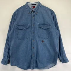 古着 90's/90年代 トミーヒルフィガー TOMMY HILFIGER 長袖シャツ デニム生地 ボタンダウン ワンポイントロゴデザイン L  ブルー系 メンズ