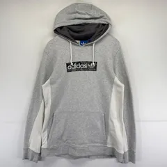 古着 アディダス adidas パーカー スポーツ フード ロゴプリントデザイン ツートンカラー トレフォイルロゴ L  グレー系 メンズ