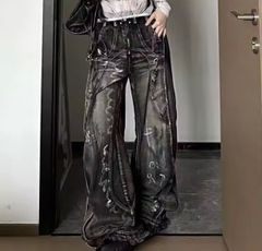 バタフライデザイン ワイドデニムパンツ ブラック swag y2k - メルカリ