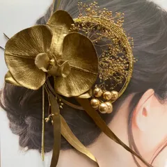 ゴールド胡蝶蘭　髪飾りアレンジ　ブライダルヘア　花嫁ヘア　成人式ヘア　謝恩会　打掛　白無垢　ドレスヘア