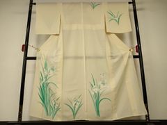 A5 夏物 菖蒲の花 銀彩 銀駒刺繍 薄橙 正絹 訪問着 薄物 絽 紗 着物