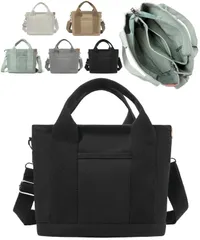 [グリーンパキラ] はんぷ手提げバッグ トートバック 帆布製 キャンバスバッグ 2WAY ペットボトルが入る ショルダーバッグ 女性用 人気 50代 レディース 斜めがけ てさげかばん ハンドバック 軽量 仕切り付き チャック付き 多機能 仕事用 [ブラック]