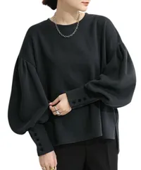 [グリーンパキラ] ぽわん袖 トップス レディース 秋冬 春 スウェット トレーナー カットソー 長袖 パフスリーブ バルーン袖 ボリューム袖 ドロップショルダー プルオーバー おしゃれ オフィスカジュアル 黒 (M, ブラック [ブラック] [M] [標準]