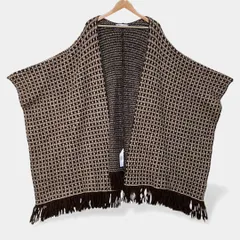 ザラ　千鳥　チェック　ブラウン　ジャガード　フリンジ　ニット　ケープ