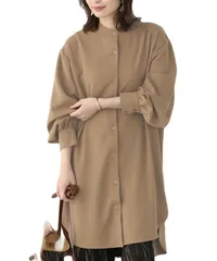 [グリーンパキラ] チュニックブラウス シャツワンピース レディース 春 夏 秋 トップス ロング ブラウス シャツ 長袖 チュニック パフスリーブ シャツワンピ 羽織り 体型カバー シンプル 重ね着 着回し 丸首 茶色 (M, [ブラウン] [M] [標準]