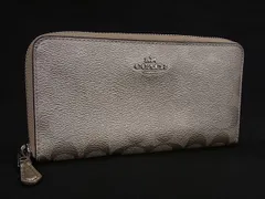 ■美品■ COACH コーチ F39670 シグネチャー PVC ラウンドファスナー 長財布 ウォレット 小銭入れ メタリックベージュ系 DK8692