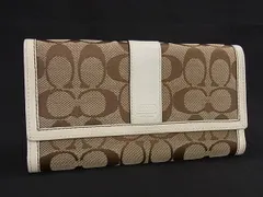 ■美品■ COACH コーチ シグネチャー キャンバス×レザー 三つ折り 長財布 ウォレット 小銭入れ ブラウン系×アイボリー系 DK8858