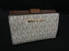 ■美品■ MICHAEL KORS マイケルコース MK柄 PVC×レザー 二つ折り 財布 ウォレット レディース アイボリー系×ブラウン系 DK7617