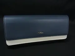 ■美品■ FURLA フルラ レザー 二つ折り 長財布 ウォレット 札入れ 小銭入れ レディース ネイビー系×アイボリー系 DK7626