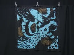HANAE MORI ハナエモリ シルク100% 豹 レオパード柄 ペイズリー柄 大判 スカーフ ストール ショール ブラック系×ブルー系 DJ2064のサムネイル