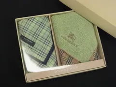 ■美品■ BURBERRY バーバリー ハンドタオル ハンカチーフ ポケットチーフ 2点セット コットン100％ グリーン系×ブラウン系 DJ3751