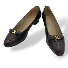 美品　Salvatore Ferragamo サルヴァトーレフェラガモ　パンプス　ハイヒール　レザー　クロコ型押し　ガンチーニ　リボン　ヴァラ　茶　ブラウン　7C 24cm