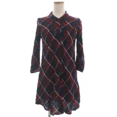 バーバリーブルーレーベル BURBERRY BLUE LABEL ワッシャー加工 ロング シャツ チェック ミニ ワンピース 七分袖 レッド ネイビー 38 M位 ■ECT