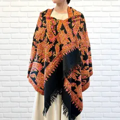 ショール カシミール 手刺繍 メリノウール ストール シルク糸使用 ペイズリーモチーフ ブラック×ピンク インド製 一点物 伝統工芸 レディース 上品 高級感 高品質 エスニック エレガント タペストリー 着物 冬 ハンドメイド ギフト プレゼント レッド